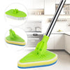 A bright lime green retractable triangular floor brush with a yellow sponge head is shown in a kitchen cleaning context.