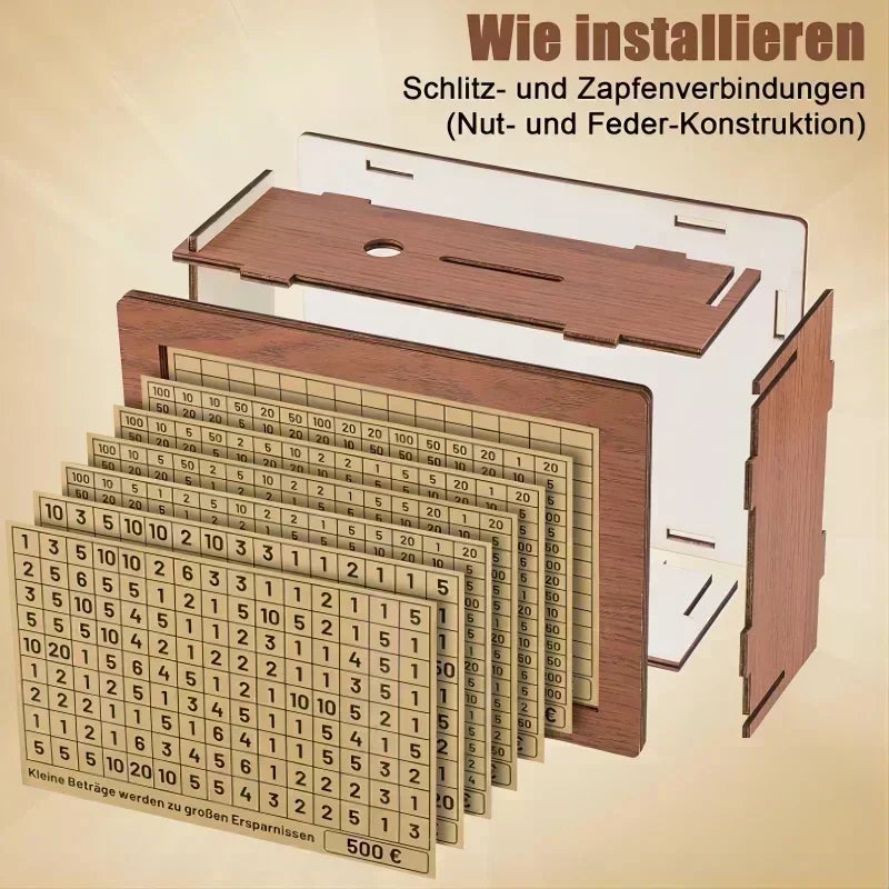 Diagram showing how to install slit and zip connections for a wooden piggy bank using a nut and spring construction