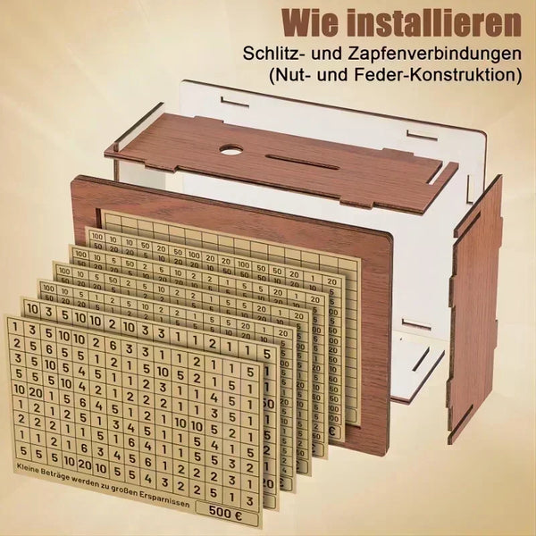 Diagram showing how to install slit and zip connections for a wooden piggy bank using a nut and spring construction