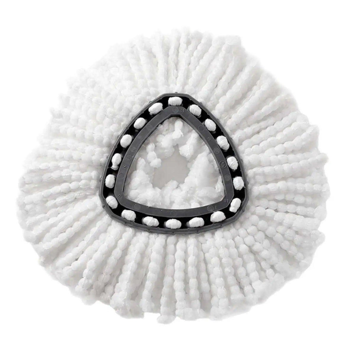 White microfiber spin mop refill head with a black triangular design