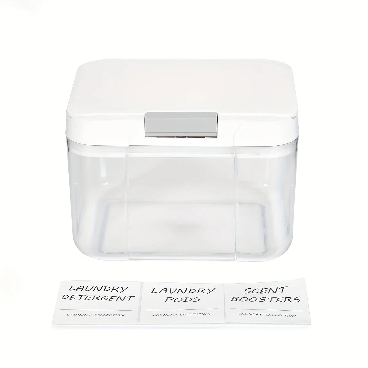 Clear plastic automatic pop-up laundry pod organizer container.