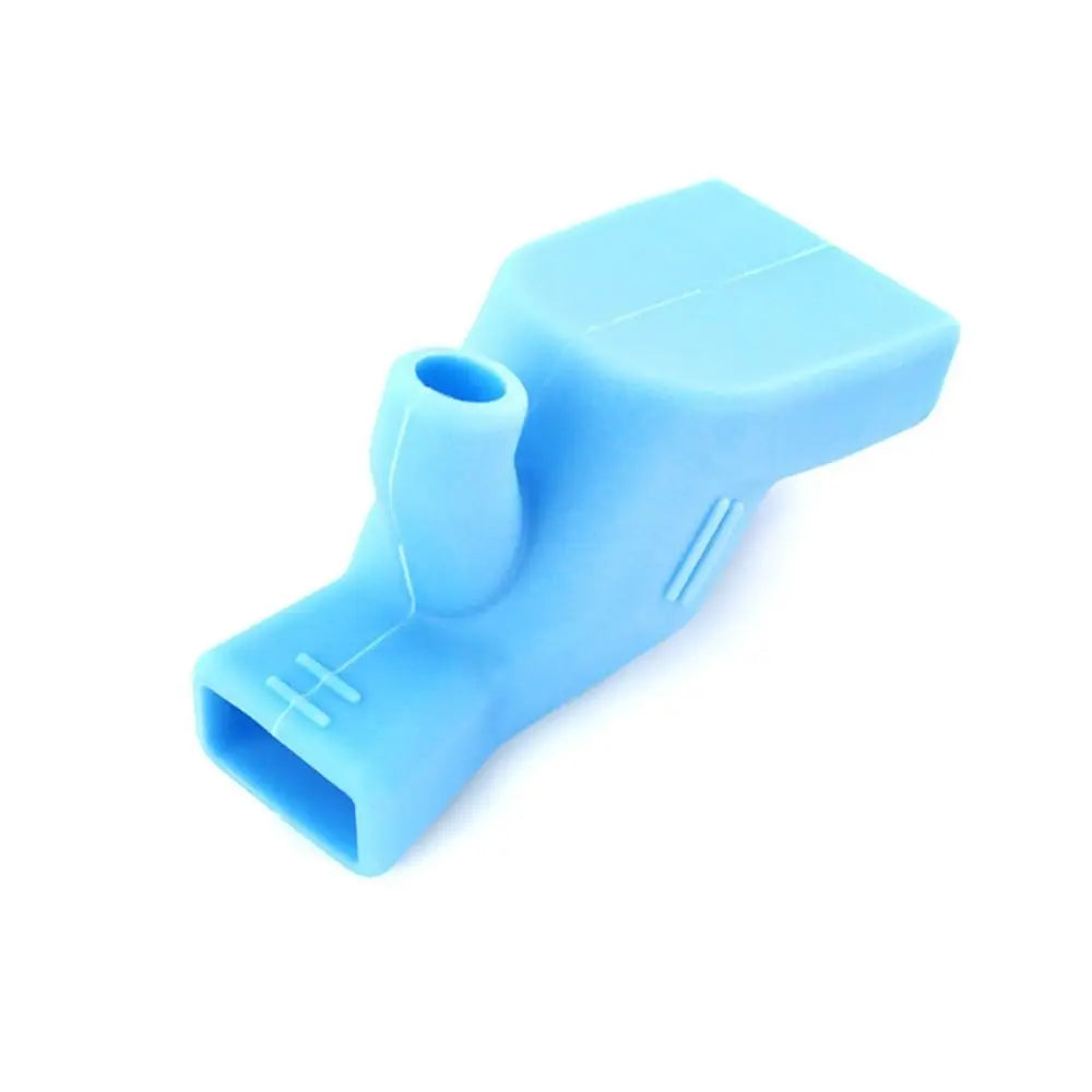 A light blue flexible silicone faucet extender used for easy washing.