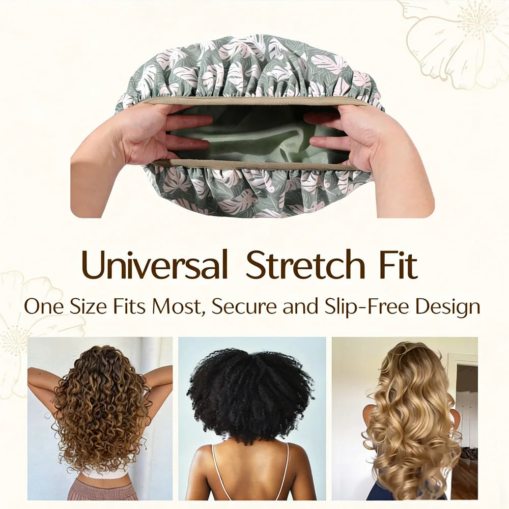 Hands holding a green reusable satin lined shower cap demonstrating its slip-free design.