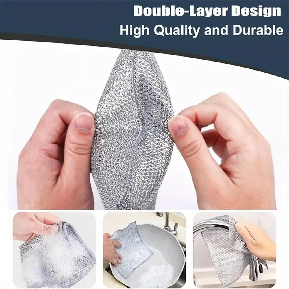 Hands demonstrate a double-layer mesh cleaning cloth for scratch-resistant cleaning.