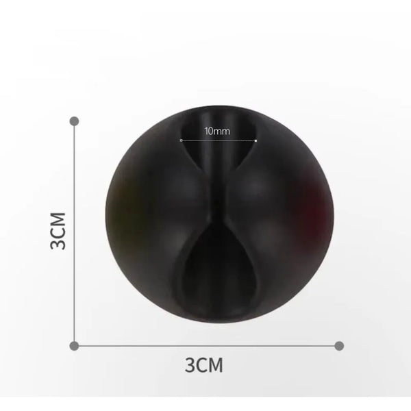 A black silicone cable clips organizer set shown with dimensions of 3cm by 3cm and a height of 10mm.
