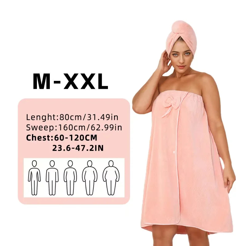 A woman models a peach-colored plus size wrap robe and turban set.