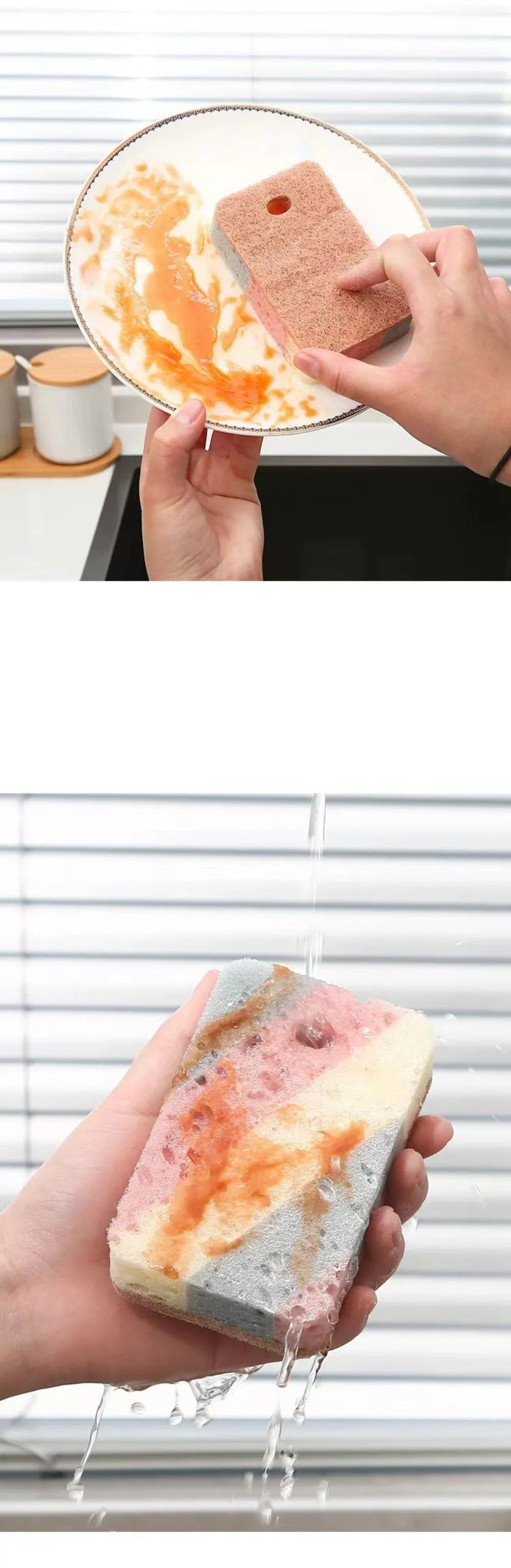 A hand is holding a block of exfoliating sponge with visible orange and pink residue, dripping water.