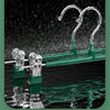 A set of stainless steel adjustable clothing hangers with green plastic components and chrome hooks.