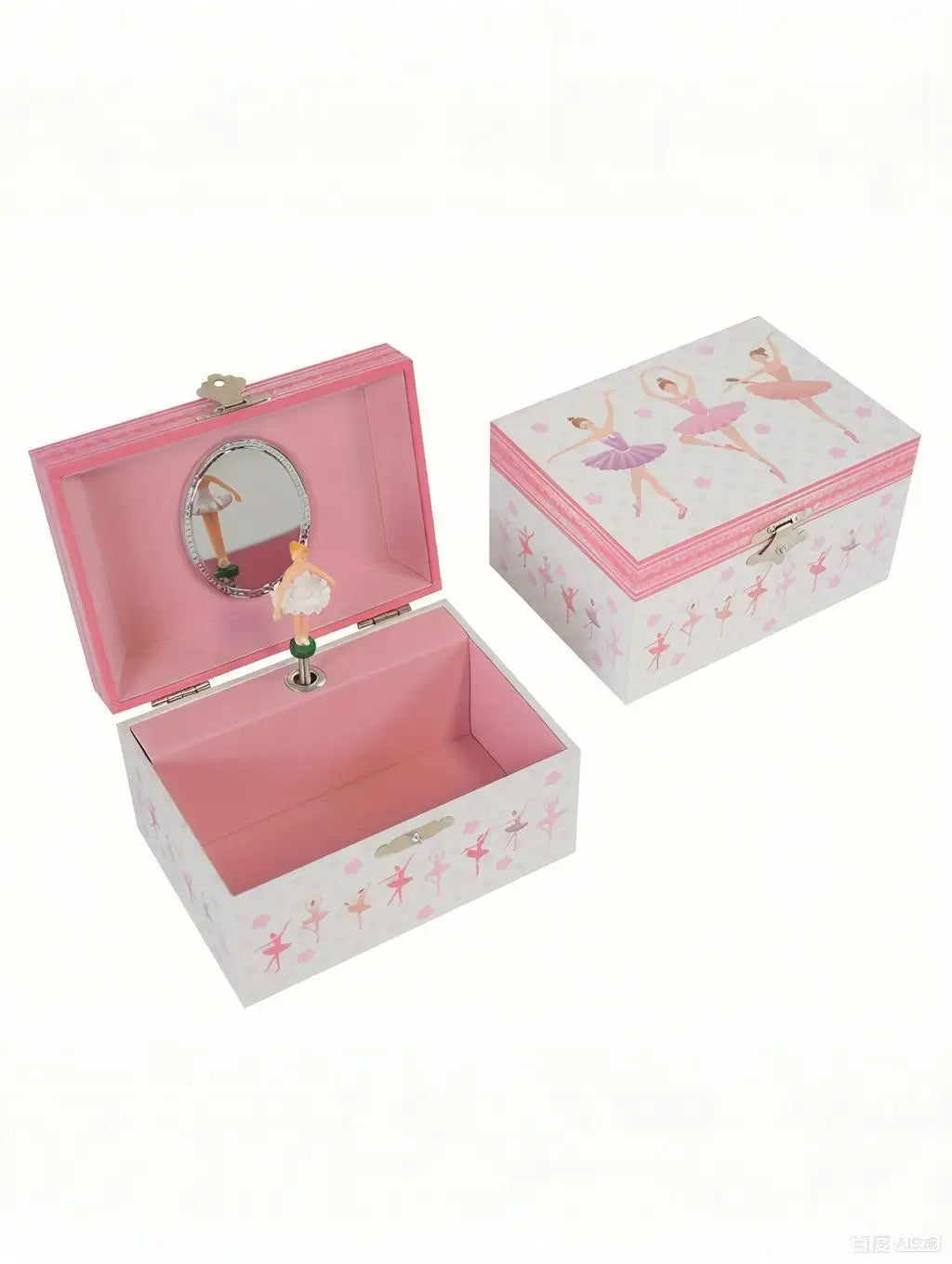 Caja de música de ballet rosa con espejo y bailarina en la tapa.