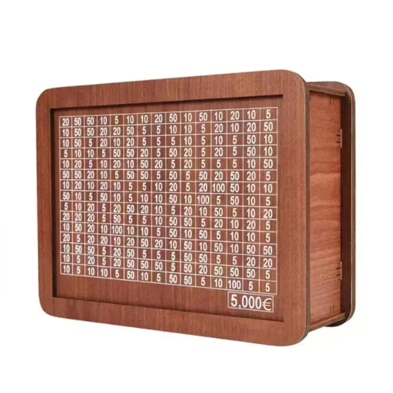 A wooden piggy bank with slots for coins and bills, showing various saving amounts.