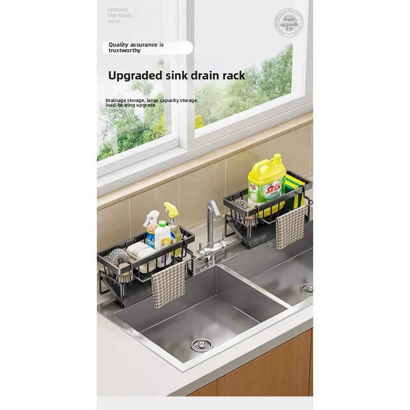 A stainless steel sink drain rack and sponge holder with a hanging hook placed on a kitchen sink.