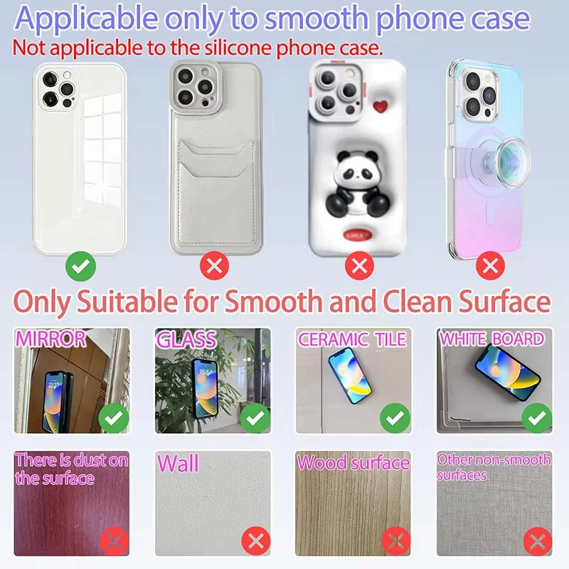 A set of silicone suction cup phone stands for hands-free viewing, showing compatibility with smooth surfaces like phone case