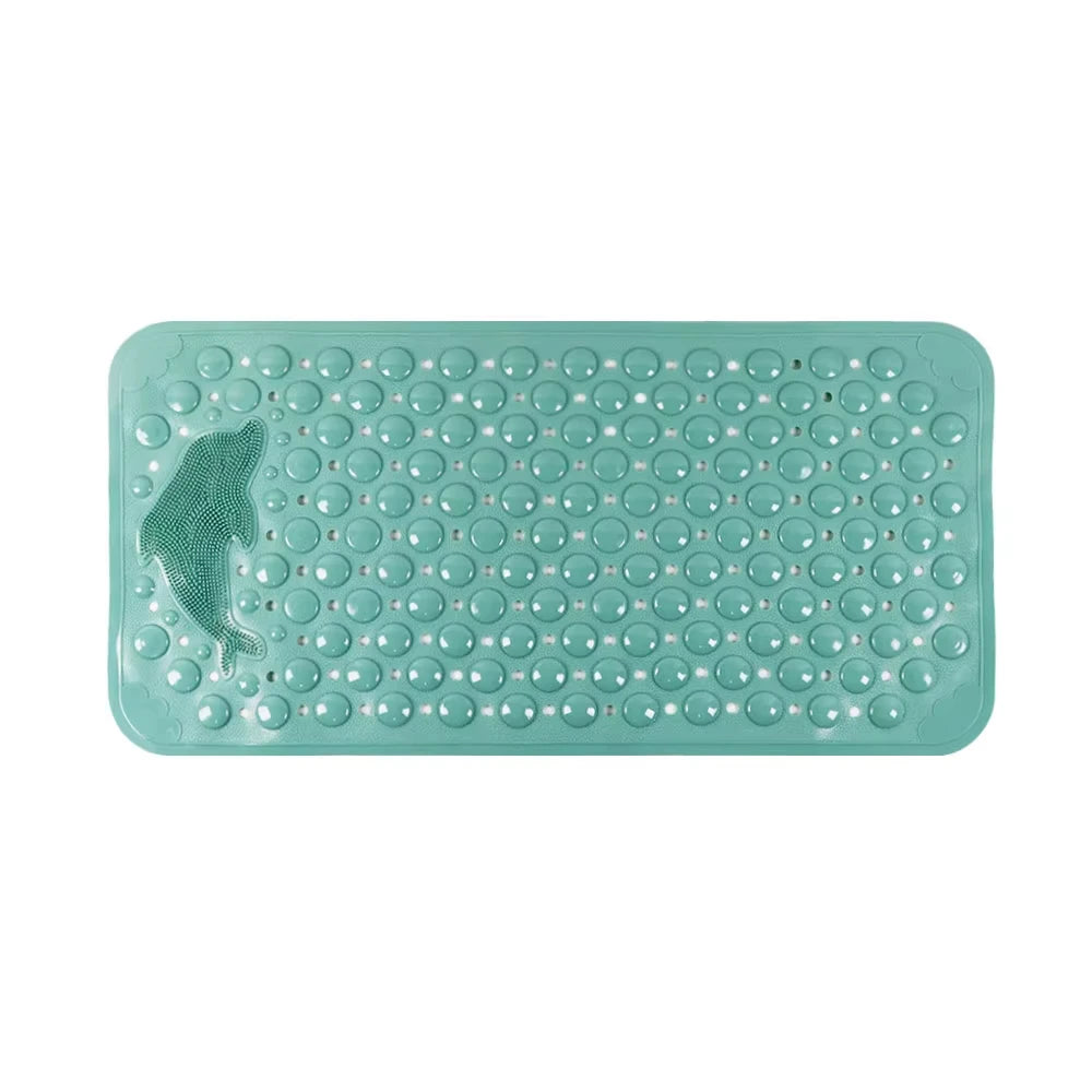 A rectangular, light teal non-slip bath mat with numerous small circular indentations.
