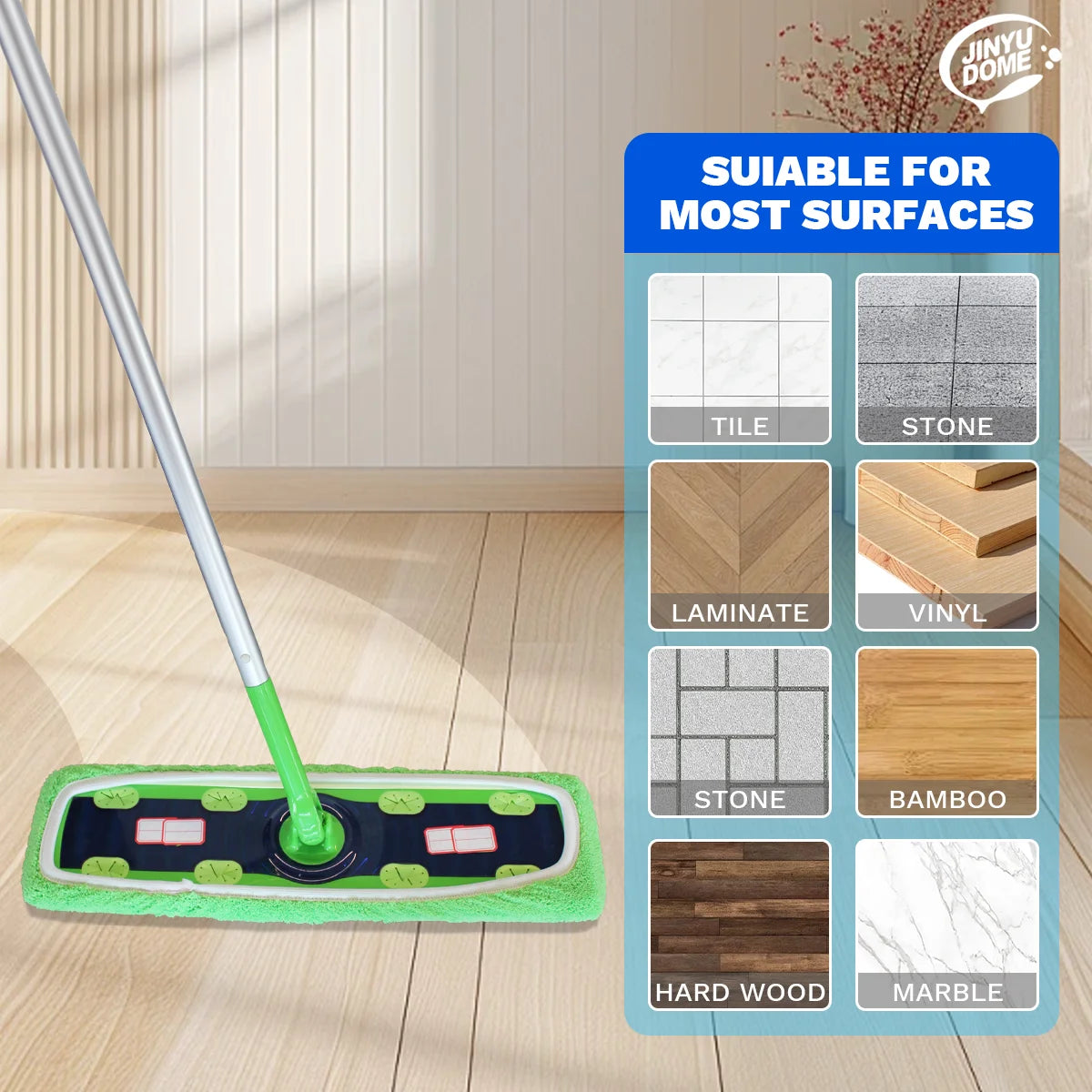 A green reusable microfiber mop with a long handle is shown next to various surfaces it can clean, including tile, stone, lam