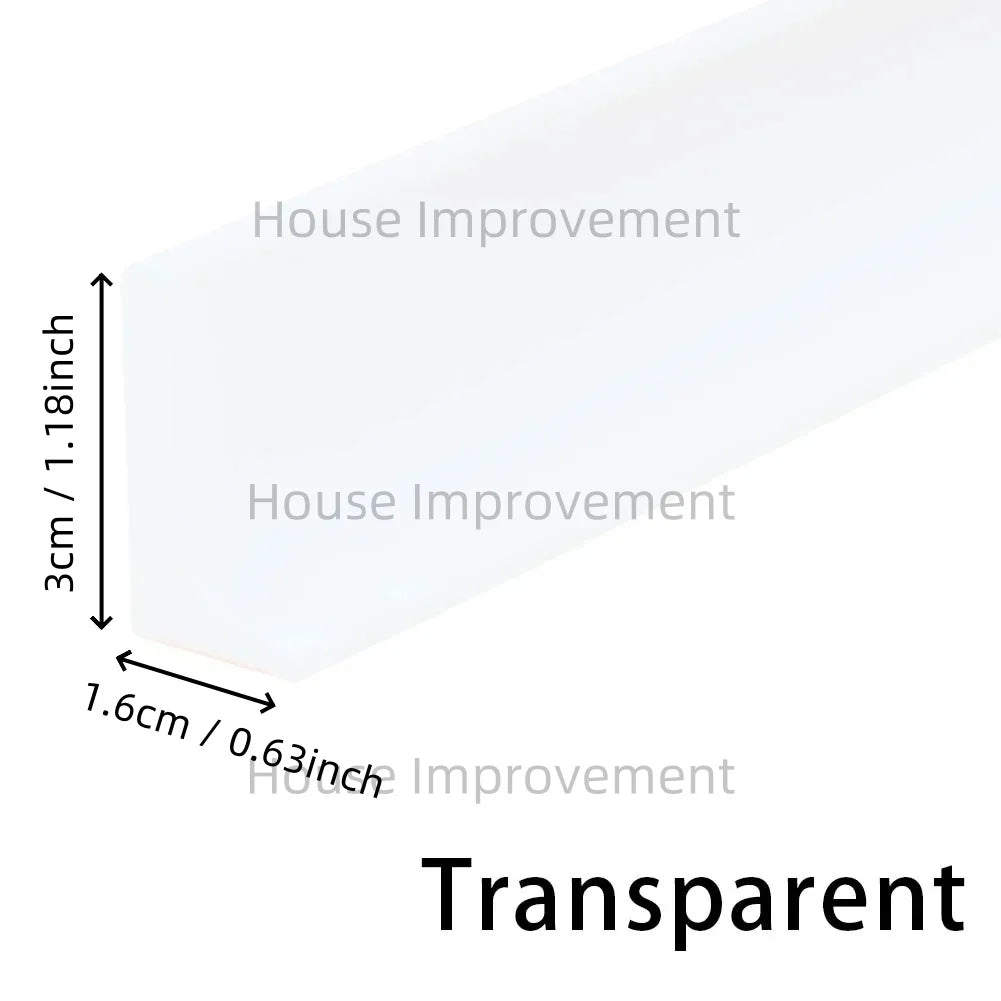 A transparent silicone shower threshold water barrier strip with various dimensions shown for house improvement.