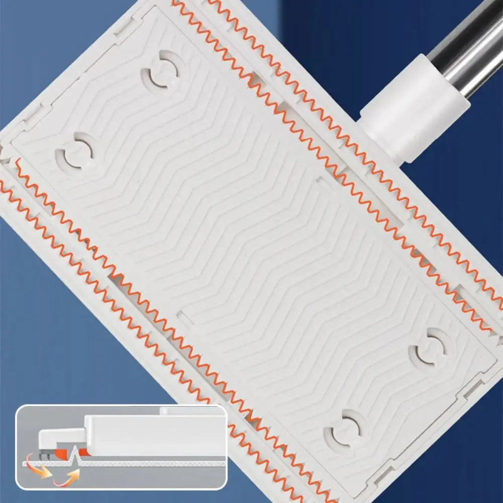 A white hands-free mop with a rotating head and reusable microfiber cloth is shown in a close-up view.
