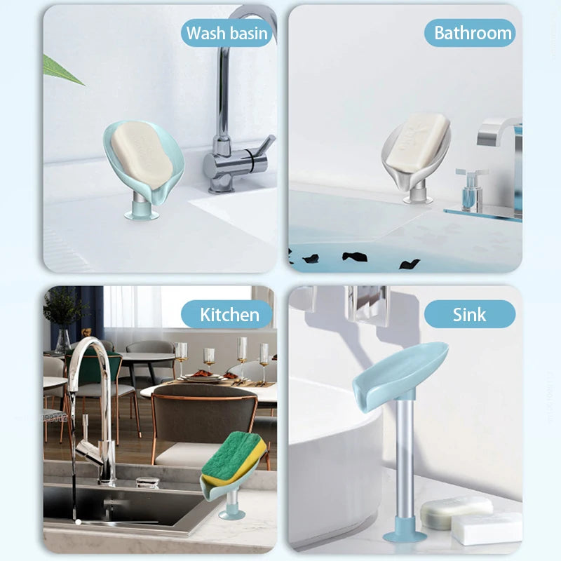 A collection of leaf-shaped suction cup soap dishes shown in various contexts including a wash basin, bathroom, kitchen sink,