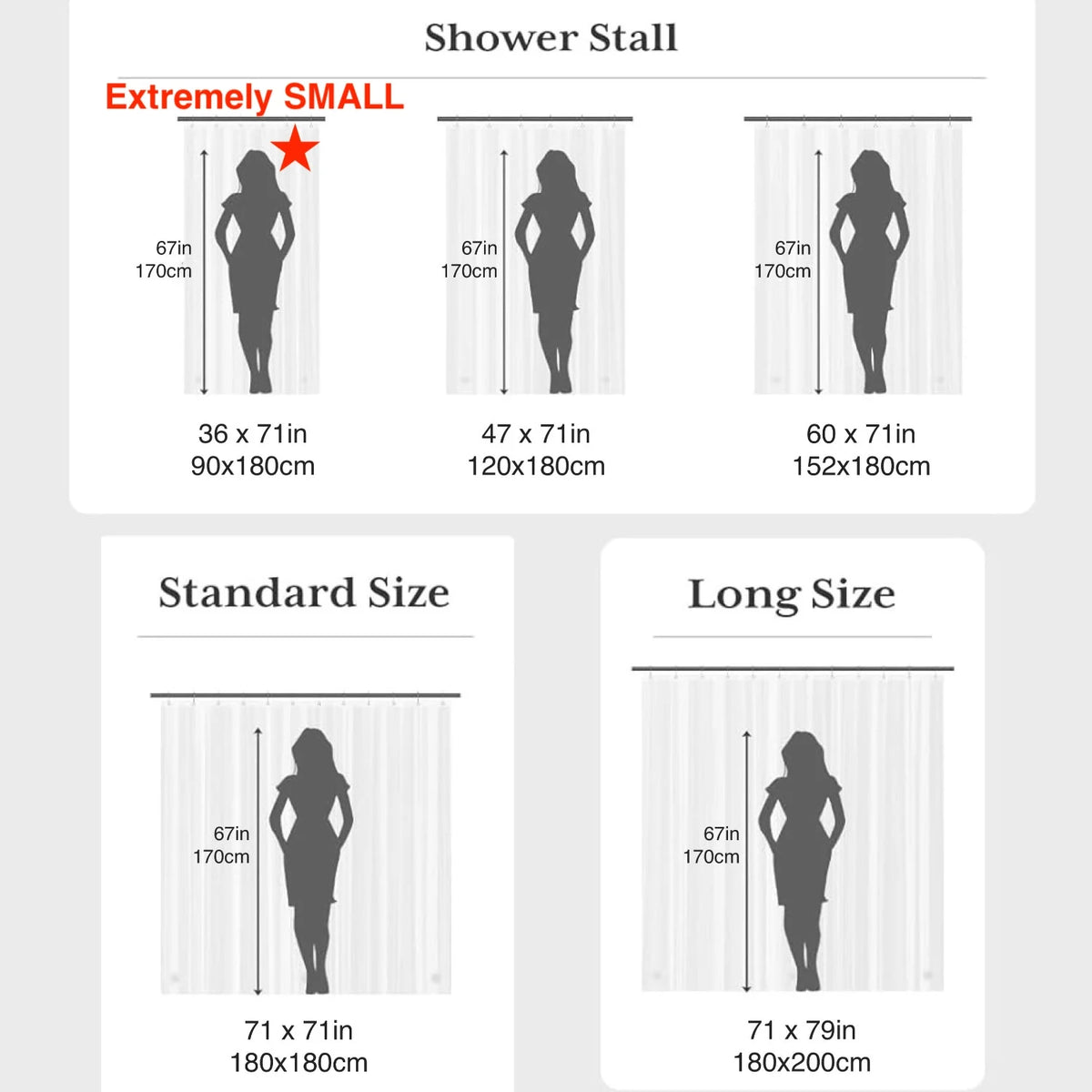 Comparison chart showing sizes for Extremely Small, Standard, and Long size shower stall liners.