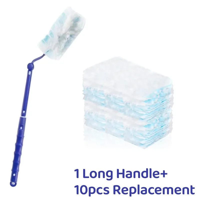 A long-handled cleaning duster with a fluffy white head and 10 replacement cleaning wipes.