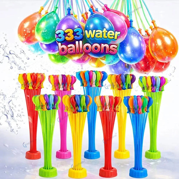 A collection of 333 water balloons and colorful plastic pool party tools are displayed.