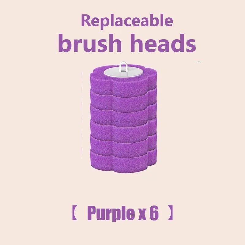 Six têtes de brosse violettes remplaçables empilées dans un récipient cylindrique.