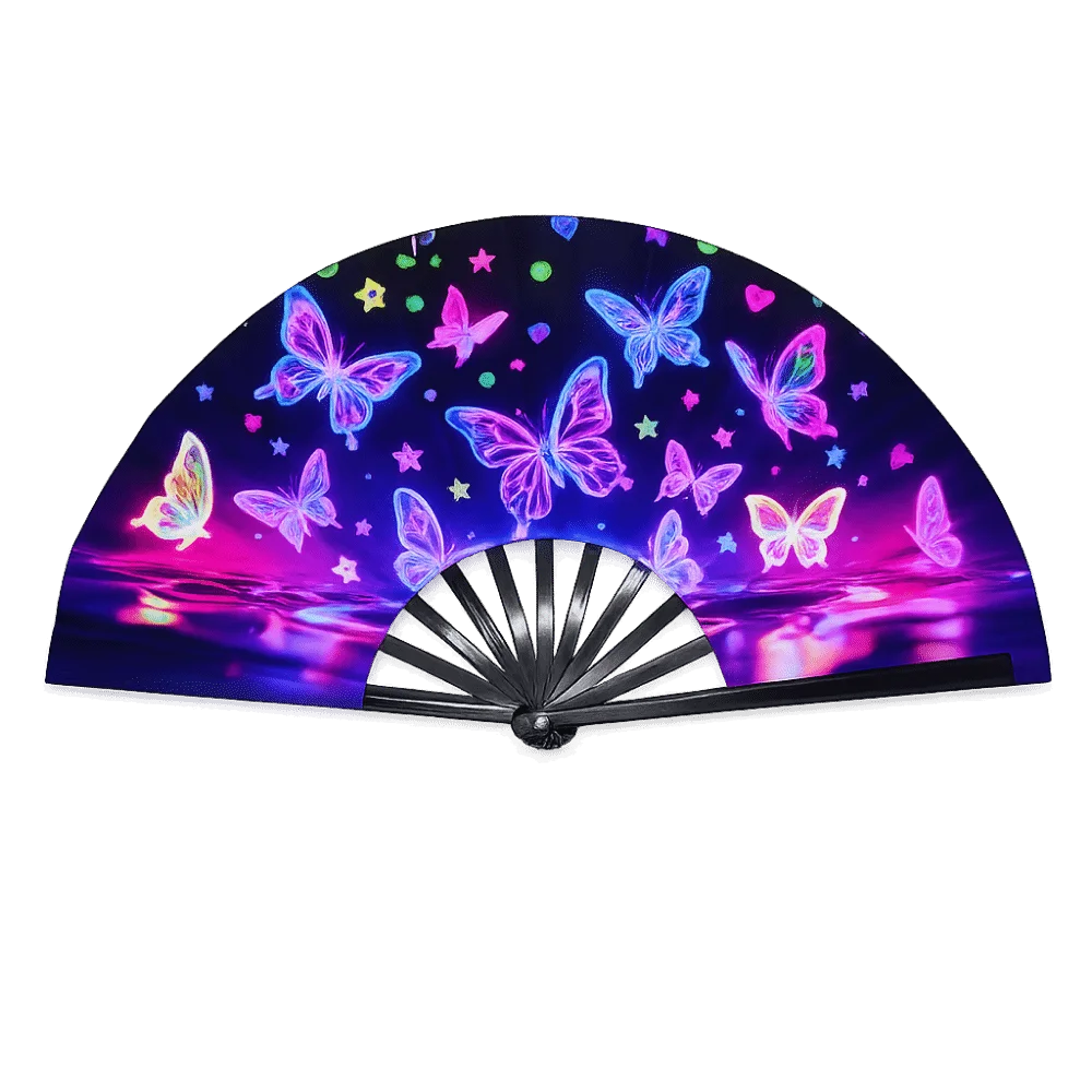 A holographic gradient rave hand fan featuring iridescent butterflies and stars against a vibrant purple background.