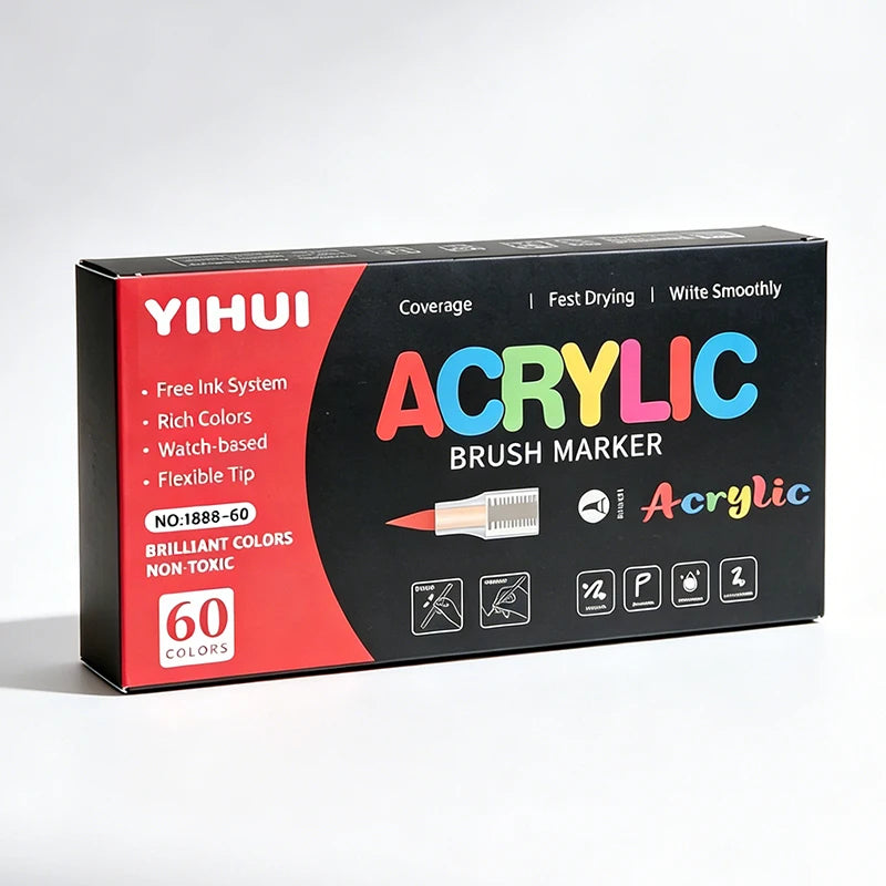 Box of YIHUI Acrylic Brush Markers featuring 60 colors with a free ink system and flexible tips