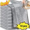 A stack of ten gray non-stick wire cleaning dish rags is shown next to a hand holding a dish.