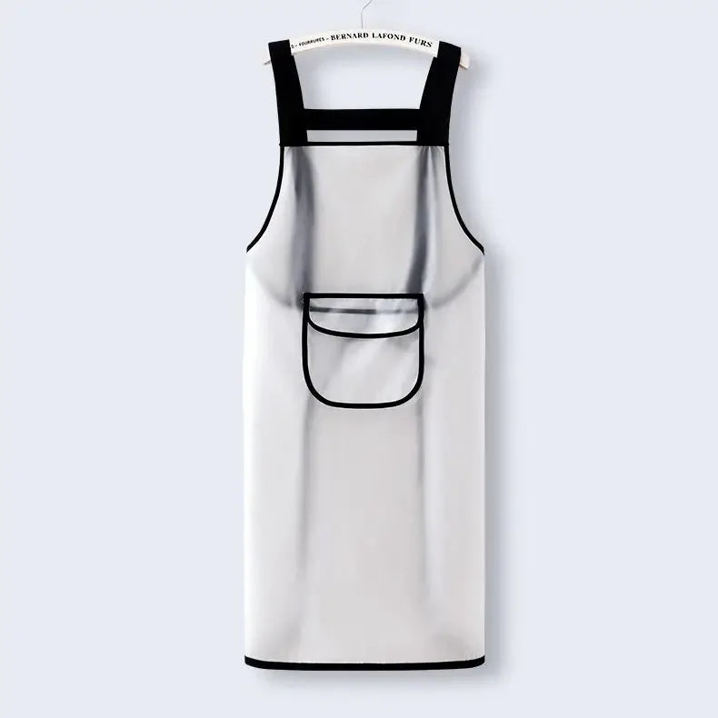 A white waterproof transparent kitchen apron with black straps and a pocket.