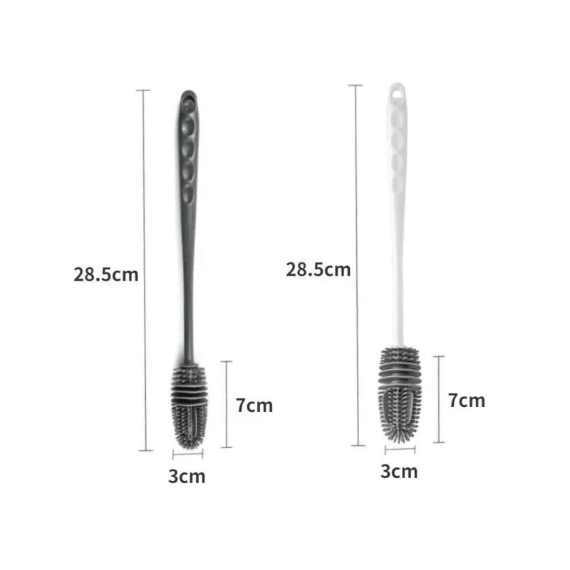 A silicone bottle brush with a long handle shown in multiple views and dimensions.
