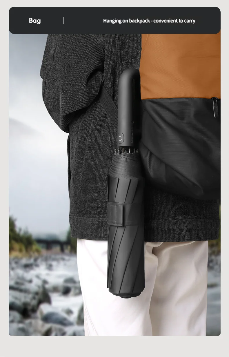A black windproof automatic folding umbrella is shown hanging on a person's jacket.
