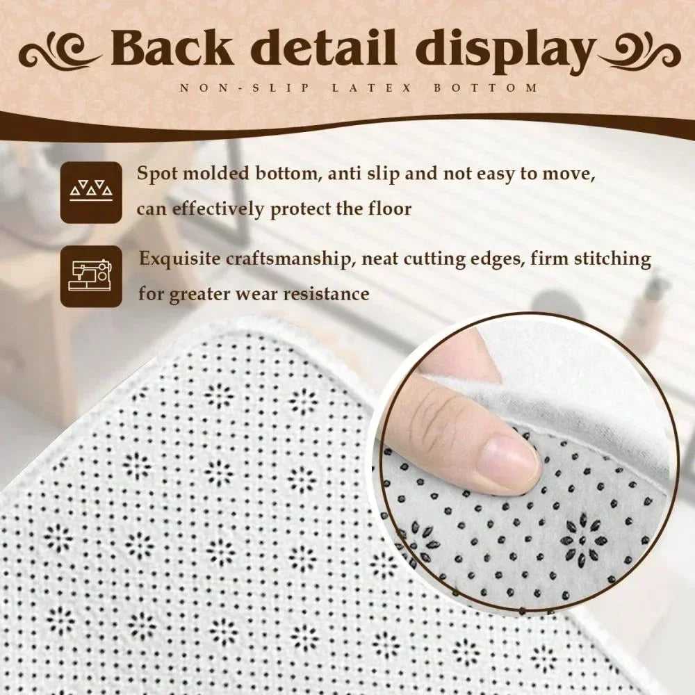 Close-up view of a white botanical leaf carpet mat with a non-slip latex bottom texture.
