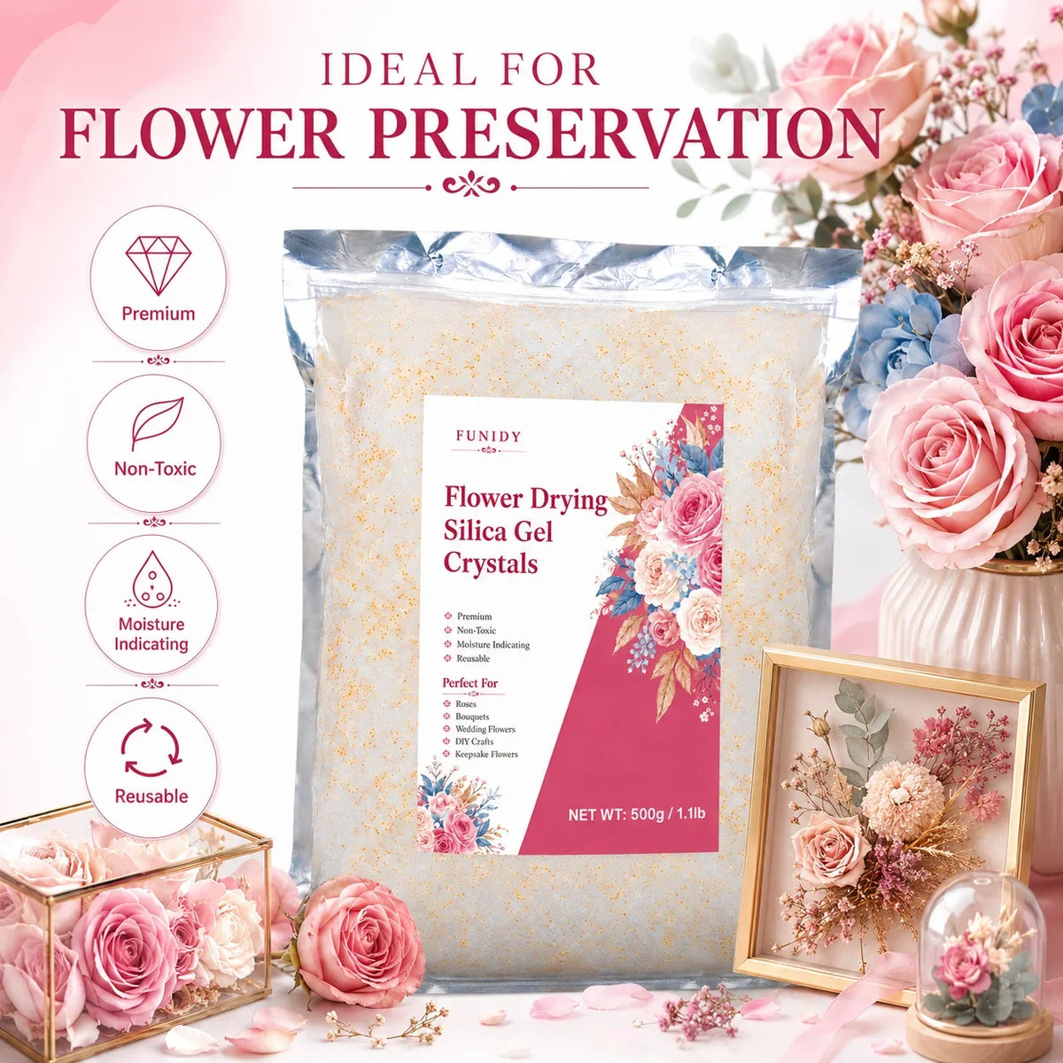 Bag of Flower Drying Silica Gel Crystals used for flower preservation surrounded by fresh roses and greenery