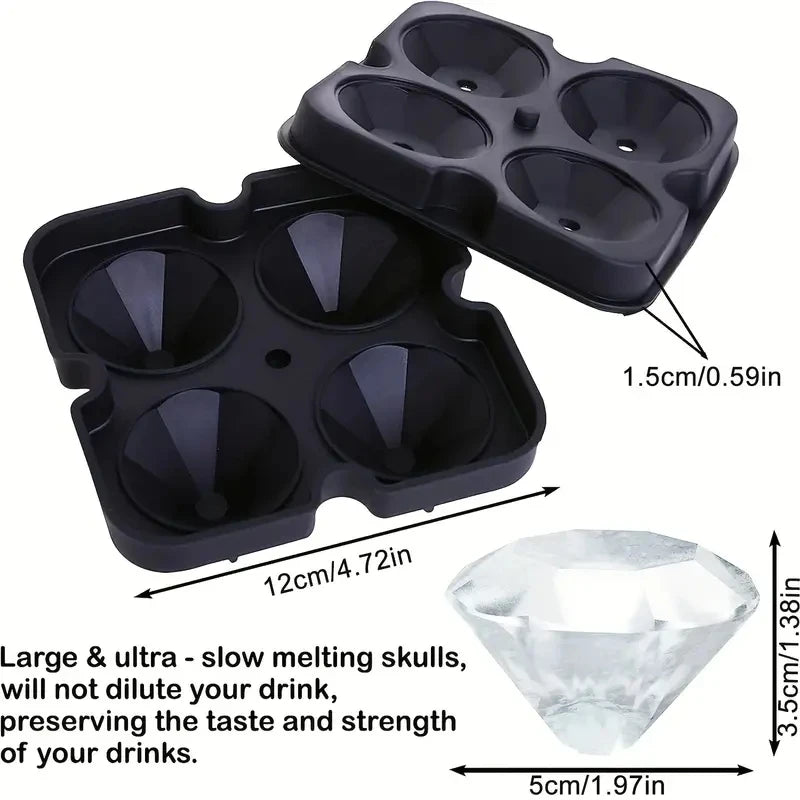 Black silicone ice cube mold with lid and a diamond-shaped ice cube