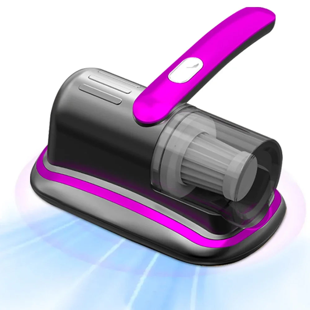 A handheld vacuum cleaner with a purple handle and gray body is shown against a light blue background.