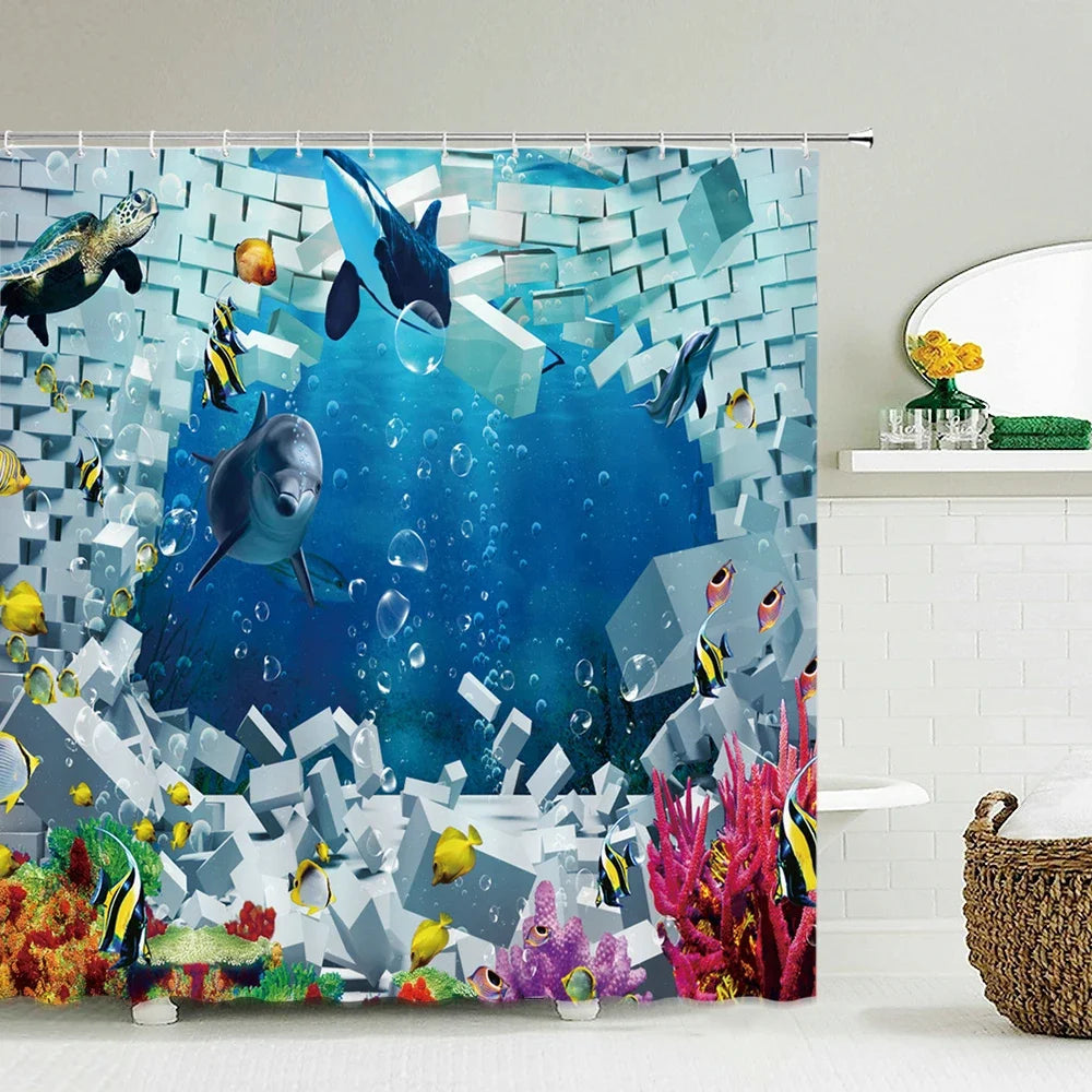 A colorful shower curtain featuring dolphins and sea turtles swimming underwater against a blue background.