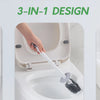 Hand using a cleaning tool with plunger and brush inside a toilet bowl.