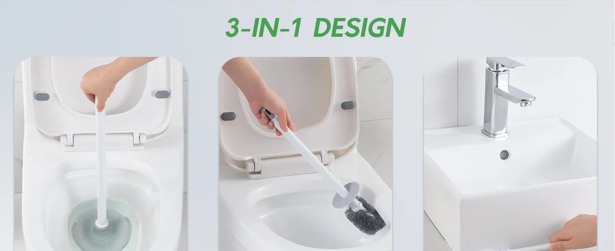 Hand using a cleaning tool with plunger and brush inside a toilet bowl.