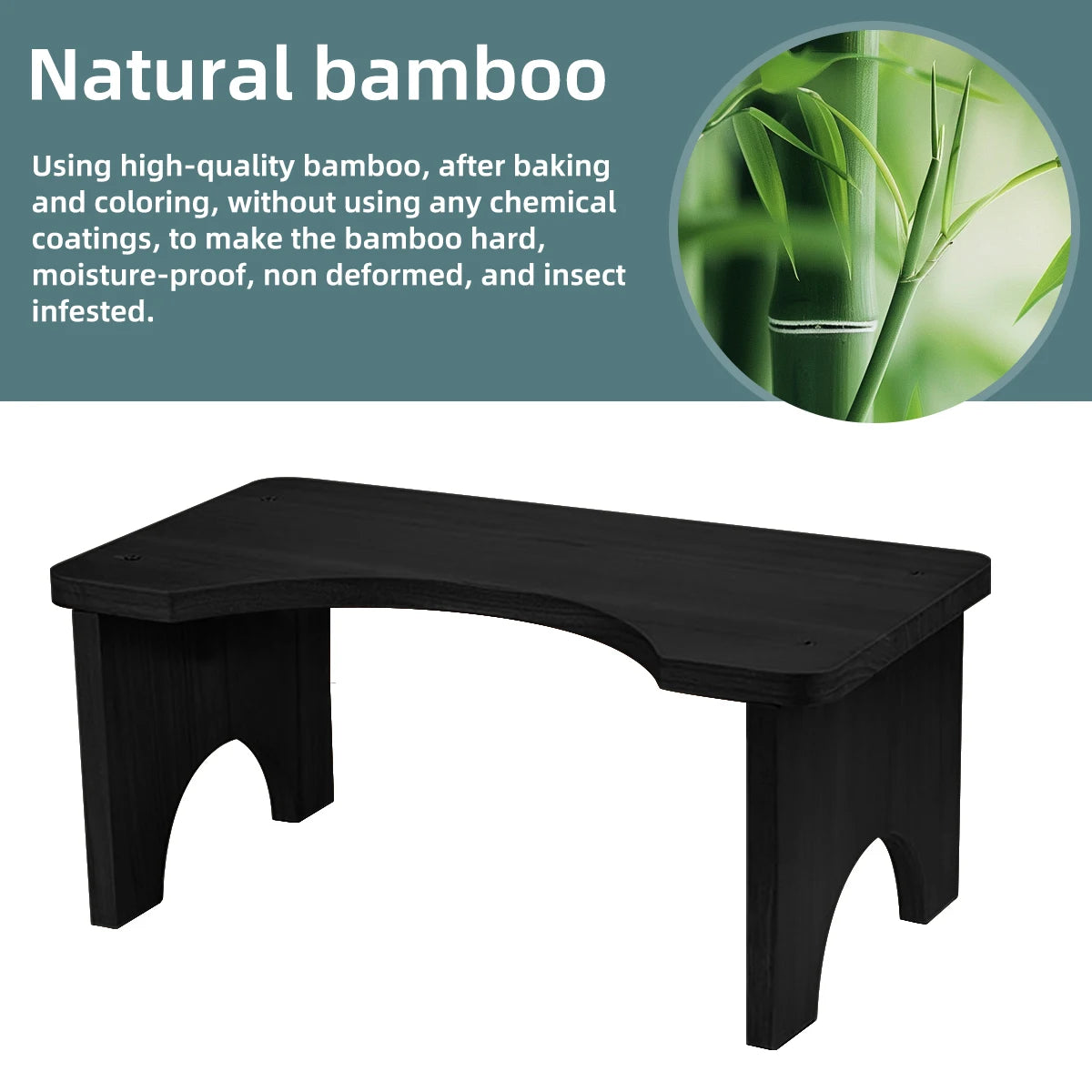 A black portable bamboo toilet squat stool with a curved seat and sturdy legs.