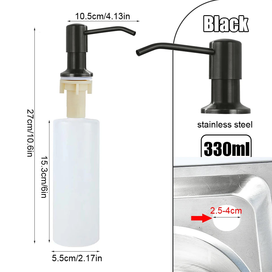 Schwarzer Edelstahl-Seifenspender mit 10,5 cm Auslauf und 330 ml Fassungsvermögen für Küchenwaschbecken