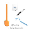 Kits de nettoyage orange comprenant une brosse à toilette en silicone montée sur mur et une brosse manuelle.