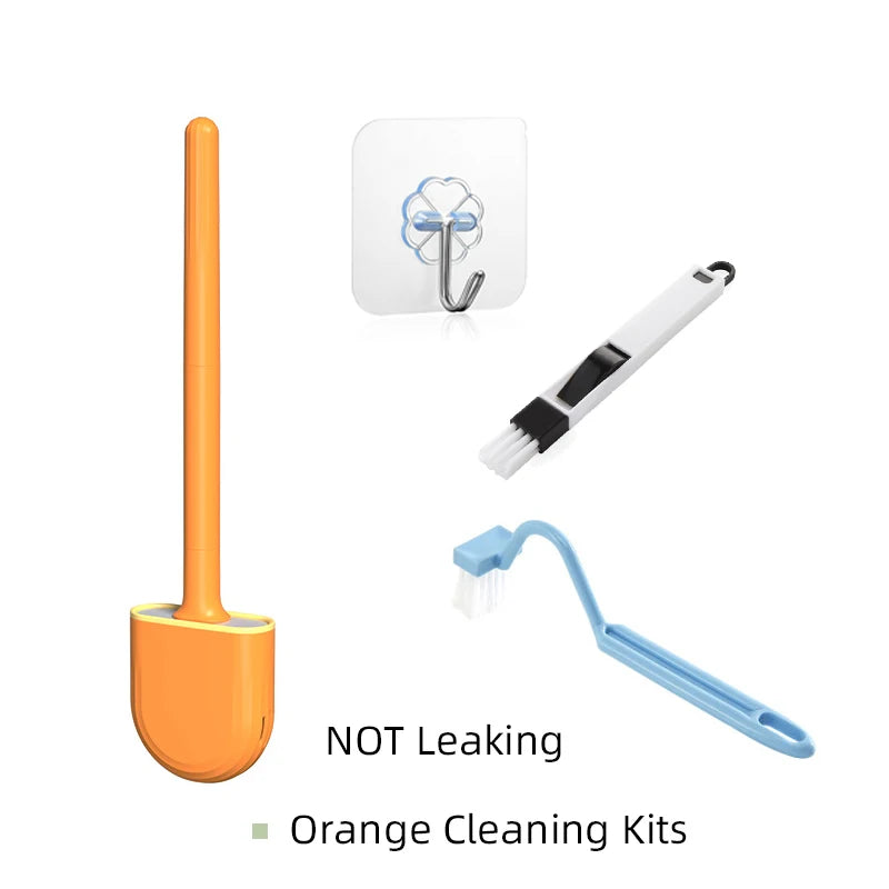 Kits de nettoyage orange comprenant une brosse à toilette en silicone montée sur mur et une brosse manuelle.