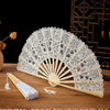 Elegant lace folding handheld fan with wooden ribs and decorative patterns
