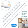 A set of four white adjustable telescopic curtain rods in various lengths, packaged as a 2-pack.