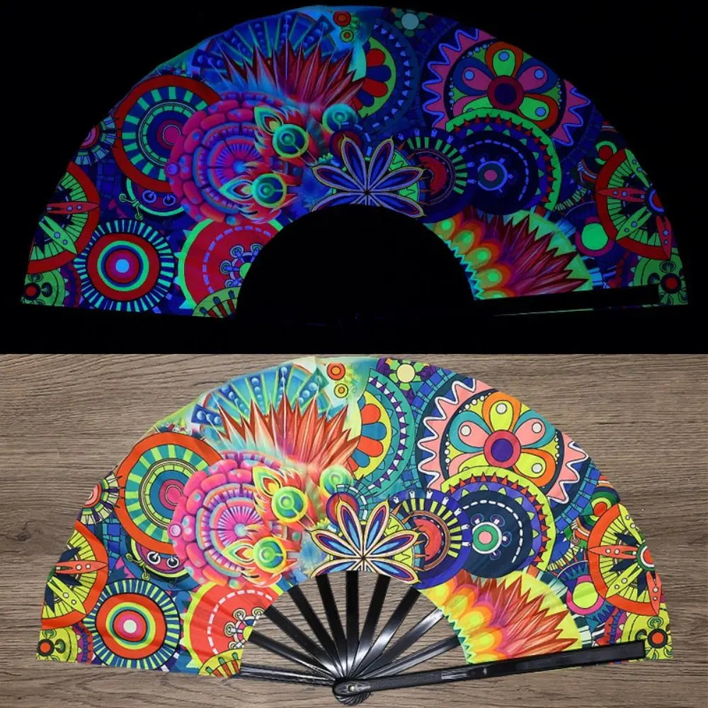 A holographic gradient rave hand fan with vibrant, colorful, swirling patterns.