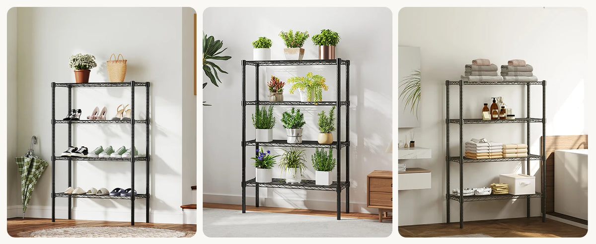 A black metal wire storage shelving rack displaying various potted plants and decorative items.