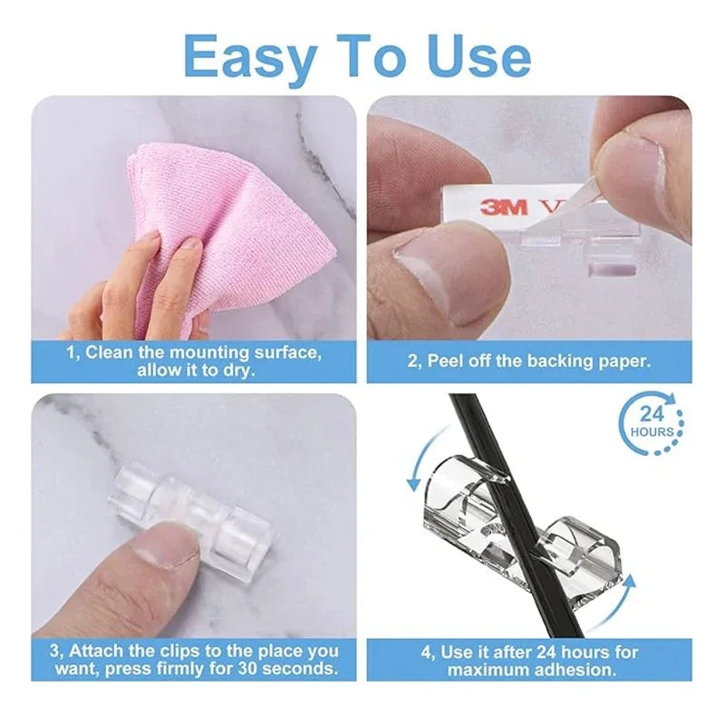 Instructions showing how to clean, peel, attach, and use heavy duty self-adhesive cable clips for cord management.