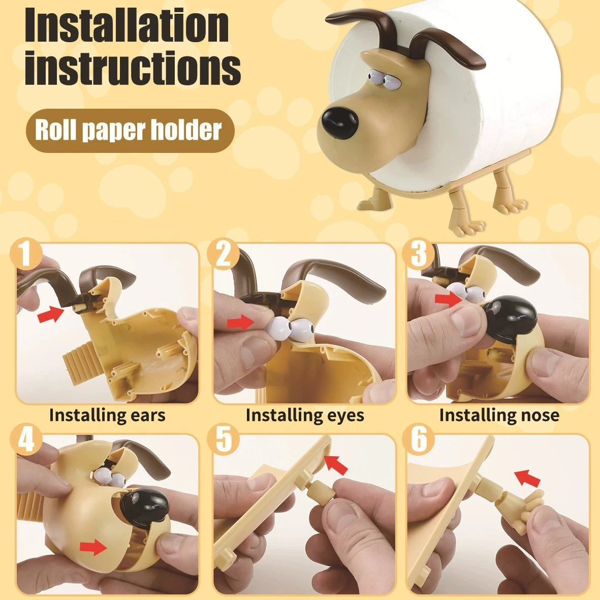 Installation instructions showing steps to assemble a decorative toilet paper holder for bathroom or kitchen use.