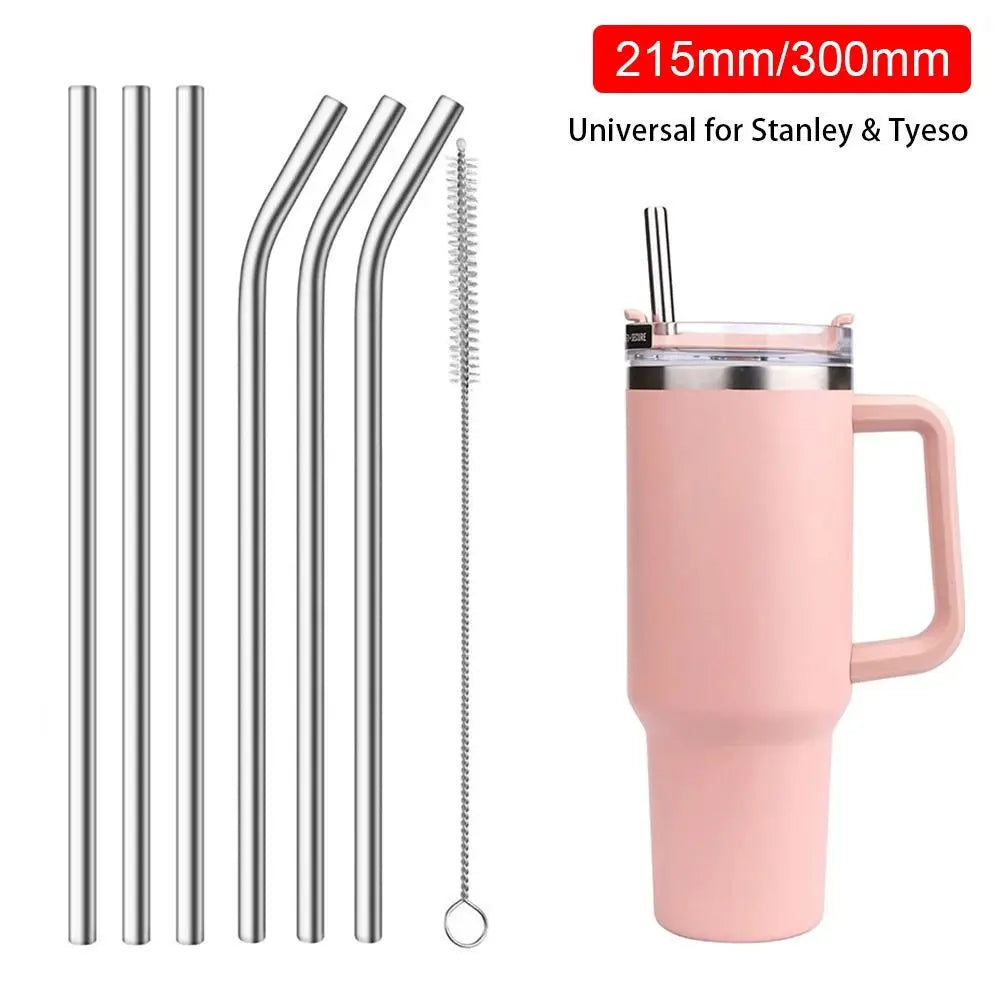 Set wiederverwendbare Edelstahl-Trinkhalme und pinker Tumbler, universell für Stanley & Tyeso.