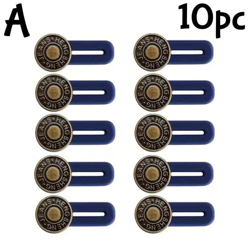 Ten pieces of adjustable metal jeans buckle extenders shown in a row.